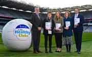 14 December 2023; In attendance at the Irish Life GAA Healthy Clubs Social Return of Investment evaluation report launch are, from left, Uachtarán Chumann Lúthchleas Gael Larry McCarthy, Healthy Ireland national policy lead Biddy O'Neill, Sarah Kerrigan of Irish Life, Just Economics director Dr Eilís Lawlor, and Irish Life chief executive officer Declan Bolger, at Croke Park in Dublin. Photo by Seb Daly/Sportsfile