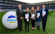 14 December 2023; In attendance at the Irish Life GAA Healthy Clubs Social Return of Investment evaluation report launch are, from left, Uachtarán Chumann Lúthchleas Gael Larry McCarthy, Healthy Ireland national policy lead Biddy O'Neill, Sarah Kerrigan of Irish Life, Just Economics director Dr Eilís Lawlor, and Irish Life chief executive officer Declan Bolger, at Croke Park in Dublin. Photo by Seb Daly/Sportsfile
