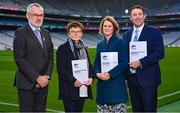 14 December 2023; In attendance at the Irish Life GAA Healthy Clubs Social Return of Investment evaluation report launch are, from left, Uachtarán Chumann Lúthchleas Gael Larry McCarthy, Healthy Ireland national policy lead Biddy O'Neill, Just Economics director Dr Eilís Lawlor, and Irish Life chief executive officer Declan Bolger, at Croke Park in Dublin. Photo by Seb Daly/Sportsfile