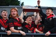 14 December 2023; Kildare Town CS captain Ryan Murphy lifts the trophy after his side's victory in the Division 3A SCT Development Shield final match between Patricians Secondary School, Newbridge and Kildare Town CS at Energia Park in Dublin. Photo by Stephen Marken/Sportsfile