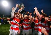 14 December 2023; St. Mary's CBS, Portlaoise, captain Adam Glynn, left, lifts the cup with his teammates after the Anne McInerney Cup final match between St Mary's CBS, Portlaoise and East Glendalough School at Energia Park in Dublin. Photo by Ben McShane/Sportsfile