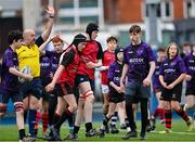 14 December 2023; Daniel Downey of St. Mary’s CBC, left, celebrates after scoring his side's first try during the Division 3A JCT Development Shield final match between St. Mary’s CBC, Portlaoise and Creagh College at Energia Park in Dublin. Photo by Stephen Marken/Sportsfile