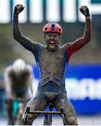 26 November 2023; Pim Ronhaar of Netherlands crosses the finish line to win the Elite Mens race during Round 5 of the UCI Cyclocross World Cup at the Sport Ireland Campus in Dublin. Photo by David Fitzgerald/Sportsfile