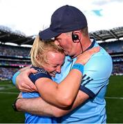 13 August 2023; Dublin manager Mick Bohan celebrates with team captain Carla Rowe after their side's victory in the 2023 TG4 LGFA All-Ireland Senior Championship Final match between Dublin and Kerry at Croke Park in Dublin. Photo by Piaras Ó Mídheach/Sportsfile