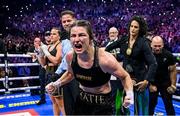 25 November 2023; Katie Taylor celebrates defeating Chantelle Cameron in their undisputed super lightweight championship fight at the 3Arena in Dublin. Photo by Stephen McCarthy/Sportsfile