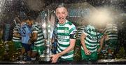 3 November 2023; Ronan Finn of Shamrock Rovers celebrates with the SSE Airtricity League Premier Division trophy after the SSE Airtricity Men's Premier Division match between Shamrock Rovers and Sligo Rovers at Tallaght Stadium in Dublin. Photo by Stephen McCarthy/Sportsfile