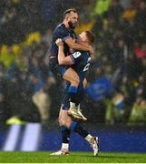 10 December 2023; Ciarán Frawley of Leinster celebrates with teammate Jamison Gibson-Park, left, after kicking the game winning penalty during the Investec Champions Cup match between La Rochelle and Leinster at Stade Marcel Deflandre in La Rochelle, France. Photo by Harry Murphy/Sportsfile