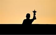 1 October 2023; Europe captain Luke Donald lifting the cup after the singles matches on the final day of the 2023 Ryder Cup at Marco Simone Golf and Country Club in Rome, Italy. Photo by Brendan Moran/Sportsfile