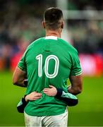 23 September 2023; Jonathan Sexton of Ireland celebrates with his son, Luca, after the 2023 Rugby World Cup Pool B match between South Africa and Ireland at Stade de France in Paris, France. Photo by Brendan Moran/Sportsfile