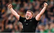 14 October 2023; Fletcher Newell of New Zealand celebrates at the final whistle of the 2023 Rugby World Cup quarter-final match between Ireland and New Zealand at the Stade de France in Paris, France. Photo by Ramsey Cardy/Sportsfile