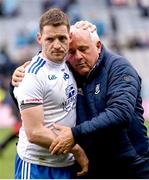 15 July 2023; Conor McManus of Monaghan, left, and Monaghan County Board Chairman Declan Flanagan after the GAA Football All-Ireland Senior Championship semi-final match between Dublin and Monaghan at Croke Park in Dublin. Photo by Ramsey Cardy/Sportsfile