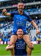 30 July 2023; Dublin players Stephen Cluxton and James McCarthy, 5, celebrate after their side's victory in the GAA Football All-Ireland Senior Championship final match between Dublin and Kerry at Croke Park in Dublin. Photo by Piaras Ó Mídheach/Sportsfile