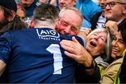 30 July 2023; Pat and Clare Cluxton celebrate with their son Dublin goalkeeper Stephen Cluxton after the GAA Football All-Ireland Senior Championship final match between Dublin and Kerry at Croke Park in Dublin. Photo by Brendan Moran/Sportsfile