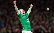 18 March 2023; Mack Hansen of Ireland celebrates at the final whistle of the Guinness Six Nations Rugby Championship match between Ireland and England at Aviva Stadium in Dublin. Photo by Ramsey Cardy/Sportsfile