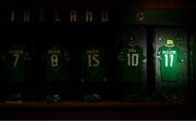 19 June 2023; The jersey of Republic of Ireland captain James McClean and teammates hangs in their dressing room before the UEFA EURO 2024 Championship qualifying group B match between Republic of Ireland and Gibraltar at the Aviva Stadium in Dublin. Photo by Stephen McCarthy/Sportsfile