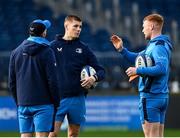 15 December 2023; Backs coach Andrew Goodman speaks to Sam Prendergast and Ciarán Frawley during a Leinster Rugby captain's run at the RDS Arena in Dublin. Photo by Harry Murphy/Sportsfile
