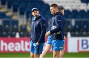 15 December 2023; Backs coach Andrew Goodman and Sam Prendergast during a Leinster Rugby captain's run at the RDS Arena in Dublin. Photo by Harry Murphy/Sportsfile