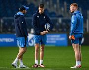 15 December 2023; Backs coach Andrew Goodman speaks to Sam Prendergast and Ciarán Frawley during a Leinster Rugby captain's run at the RDS Arena in Dublin. Photo by Harry Murphy/Sportsfile