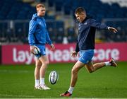 15 December 2023; Sam Prendergast, right, and Ciarán Frawley  during a Leinster Rugby captain's run at the RDS Arena in Dublin. Photo by Harry Murphy/Sportsfile