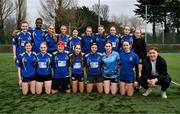 15 December 2023; The Wilson's Hospital squad pose for a team photograph before the Bank of Ireland Leinster Rugby Junior Girls League match between Wilson's Hospital and St Wolstan's at Energia Park in Dublin. Photo by Tyler Miller/Sportsfile