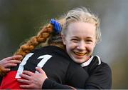 15 December 2023; Zoe Sargent of The High School celebrates after her side score a try during the Bank of Ireland Leinster Rugby Senior Girls League match between The High School and Wilson's Hospital at Energia Park in Dublin. Photo by Tyler Miller/Sportsfile