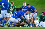 15 December 2023; Hugh Gavin of Ireland dives over to score his side's fourth try during the U20 international friendly match between Ireland and Italy at UCD Bowl in Dublin. Photo by Seb Daly/Sportsfile