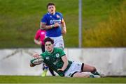 15 December 2023; Ethan Graham of Ireland dives over to score his side's fifth try during the U20 international friendly match between Ireland and Italy at UCD Bowl in Dublin. Photo by Seb Daly/Sportsfile