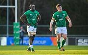 15 December 2023; Sean Edogbo, left, and Jacob Boyd of Ireland during the U20 international friendly match between Ireland and Italy at UCD Bowl in Dublin. Photo by Seb Daly/Sportsfile