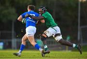 15 December 2023; Francesco Imberti of Italy is tackled by Sean Edogbo of Ireland during the U20 international friendly match between Ireland and Italy at UCD Bowl in Dublin. Photo by Seb Daly/Sportsfile