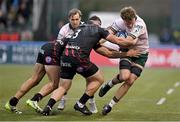 16 December 2023; Cian Prendergast of Connacht is tackled by Alec Clarey of Saracens during the Investec Champions Cup Pool 1 Round 2 match between Saracens and Connacht at Stone X Stadium in Barnet, England. Photo by Brendan Moran/Sportsfile