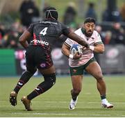 16 December 2023; Bundee Aki of Connacht in action against Maro Itoje of Saracens during the Investec Champions Cup Pool 1 Round 2 match between Saracens and Connacht at Stone X Stadium in Barnet, England. Photo by Brendan Moran/Sportsfile