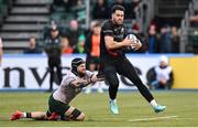 16 December 2023; Sean Maitland of Saracens beats the tackle of Conor Oliver of Connacht during the Investec Champions Cup Pool 1 Round 2 match between Saracens and Connacht at Stone X Stadium in Barnet, England. Photo by Brendan Moran/Sportsfile