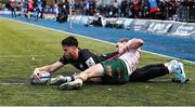 16 December 2023; Sean Maitland of Saracens scores his side's fifth try despite the tackle of John Porch of Connacht during the Investec Champions Cup Pool 1 Round 2 match between Saracens and Connacht at Stone X Stadium in Barnet, England. Photo by Brendan Moran/Sportsfile