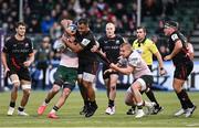16 December 2023; Billy Vunipola of Saracens is tackled by Conor Oliver and Jordan Duggan of Connacht during the Investec Champions Cup Pool 1 Round 2 match between Saracens and Connacht at Stone X Stadium in Barnet, England. Photo by Brendan Moran/Sportsfile