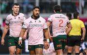 16 December 2023; Bundee Aki and Tom Farrell, left, of Connacht react after conceding a try during the Investec Champions Cup Pool 1 Round 2 match between Saracens and Connacht at Stone X Stadium in Barnet, England. Photo by Brendan Moran/Sportsfile