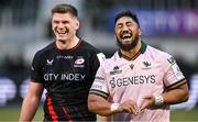 16 December 2023; Bundee Aki of Connacht, right, and Owen Farrell of Saracens after the Investec Champions Cup Pool 1 Round 2 match between Saracens and Connacht at Stone X Stadium in Barnet, England. Photo by Brendan Moran/Sportsfile