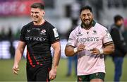 16 December 2023; Owen Farrell of Saracens, left, and Bundee Aki of Connacht after the Investec Champions Cup Pool 1 Round 2 match between Saracens and Connacht at Stone X Stadium in Barnet, England. Photo by Brendan Moran/Sportsfile