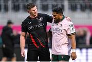 16 December 2023; Owen Farrell of Saracens, left, and Bundee Aki of Connacht after the Investec Champions Cup Pool 1 Round 2 match between Saracens and Connacht at Stone X Stadium in Barnet, England. Photo by Brendan Moran/Sportsfile