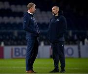 16 December 2023; Leinster head coach Leo Cullen speaks to Sale Sharks director of rugby Alex Sanderson the Investec Champions Cup Pool 4 Round 2 match between Leinster and Sale Sharks at the RDS Arena in Dublin. Photo by Harry Murphy/Sportsfile