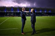 16 December 2023; Leinster head coach Leo Cullen speaks to Sale Sharks director of rugby Alex Sanderson the Investec Champions Cup Pool 4 Round 2 match between Leinster and Sale Sharks at the RDS Arena in Dublin. Photo by Harry Murphy/Sportsfile