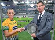 16 December 2023; Orlaith Roche of Glanmire receives the Player of the Match award from Frank Whitney, Chief Operations Officer, Payac, on behalf of competition sponsors currentaccount.ie, following the 2023 currentaccount.ie All-Ireland Ladies Intermediate Club Championship Final between Ballinamore Sean O’Heslins of Leitrim and Glanmire of Cork at Croke Park, Dublin Photo by Tyler Miller/Sportsfile