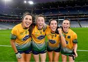 16 December 2023; Glanmire players, from left, Aishling McAllen, Abbie O'Mahony, Niamh McAllen and Clare Murphy celebrate after their side's victory in the Currentaccount.ie LGFA All-Ireland Intermediate Club Championship final match between Ballinamore-Seán O'Heslin's of Leitrim and Glanmire of Cork at Croke Park in Dublin. Photo by Piaras Ó Mídheach/Sportsfile
