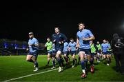 16 December 2023; Leinster co-captains James Ryan and Garry Ringrose lead the team in the warmup before the Investec Champions Cup Pool 4 Round 2 match between Leinster and Sale Sharks at the RDS Arena in Dublin. Photo by Harry Murphy/Sportsfile