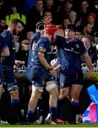 16 December 2023; Josh van der Flier of Leinster, centre, is congratulated by team-mates  after scoring his side's first try during the Investec Champions Cup Pool 4 Round 2 match between Leinster and Sale Sharks at the RDS Arena in Dublin. Photo by Sam Barnes/Sportsfile