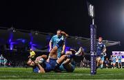 16 December 2023; Jamison Gibson-Park of Leinster dives over to score his side's second try despite the tackle of Raffi Quirke of Sale Sharks during the Investec Champions Cup Pool 4 Round 2 match between Leinster and Sale Sharks at the RDS Arena in Dublin. Photo by Harry Murphy/Sportsfile