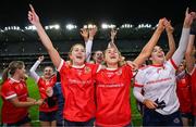 16 December 2023; Caoimhe Boyle of Kilkerrin-Clonberne, left, and team-mate Chloe Costello celebrate after their side's victory in the Currentaccount.ie LGFA All-Ireland Senior Club Championship final match between Ballymacarby of Waterford and Kilkerrin-Clonberne of Galway at Croke Park in Dublin. Photo by Tyler Miller/Sportsfile