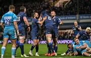 16 December 2023; Ryan Baird of Leinster, 6, is congratulated by team-mates Jamison Gibson-Park, left, and Rónan Kelleher after scoring his  side's fourth try during the Investec Champions Cup Pool 4 Round 2 match between Leinster and Sale Sharks at the RDS Arena in Dublin. Photo by Sam Barnes/Sportsfile
