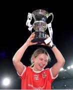 16 December 2023; Lynsey Noone of Kilkerrin-Clonberne celebrates with the Dolores Tyrrell Memorial Cup after her side's victory in te Currentaccount.ie LGFA All-Ireland Senior Club Championship final match between Ballymacarby of Waterford and Kilkerrin-Clonberne of Galway at Croke Park in Dublin. Photo by Piaras Ó Mídheach/Sportsfile