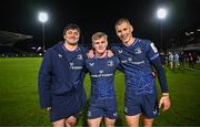 16 December 2023; Leinster players, from left, Thomas Clarkson, Ben Murphy and Sam Prendergast after making their Champions Cup debuts in the Investec Champions Cup Pool 4 Round 2 match between Leinster and Sale Sharks at the RDS Arena in Dublin. Photo by Harry Murphy/Sportsfile