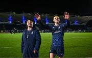 16 December 2023; Thomas Clarkson, left, and Sam Prendergast of Leinster after their side's victory in the Investec Champions Cup Pool 4 Round 2 match between Leinster and Sale Sharks at the RDS Arena in Dublin. Photo by Harry Murphy/Sportsfile